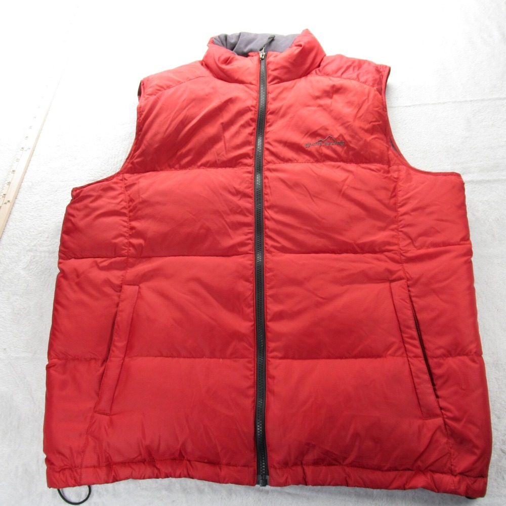 Eddie Bauer Premium Down Vest Mens Large Red Insulated Adjustable Hem Full Zip